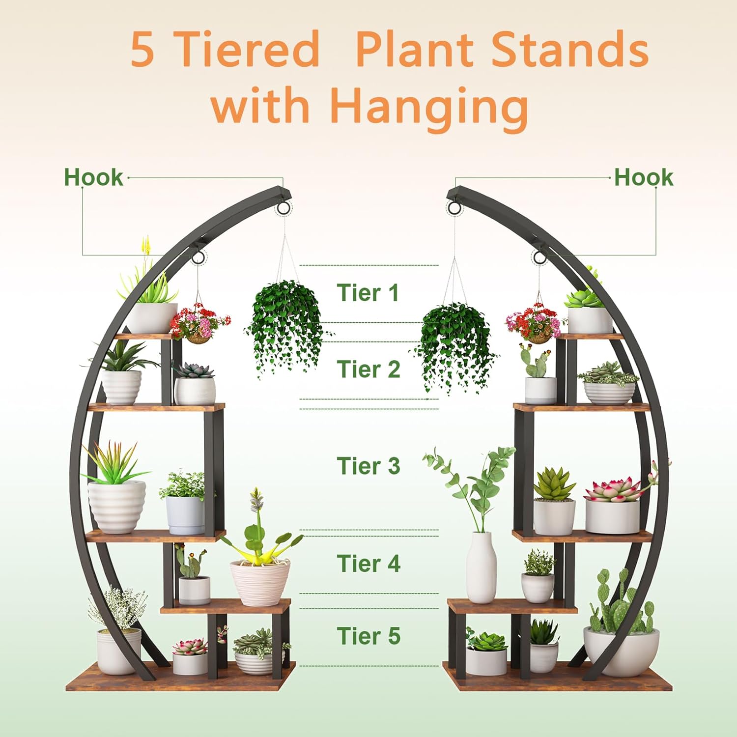 GAOMON 5 Tier Large Plant Stand Indoor, Half Moon Plant Shelf Ladder Flower Pot Stand Rack, Multi-Purpose Curved Flower Display Holder with Hanging for Home Patio Lawn Garden Balcony, Brown