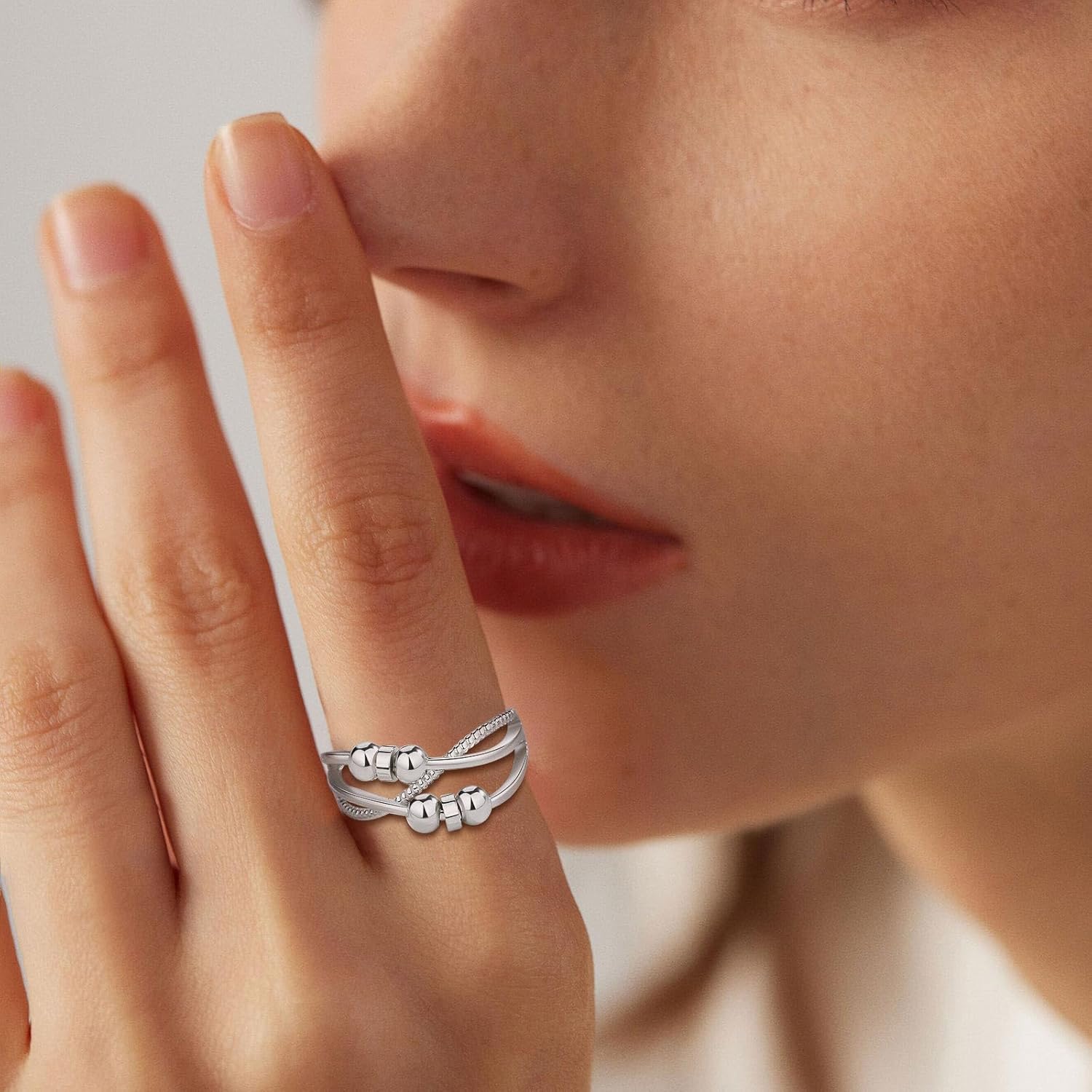 Vito 925 Sterling Silver Fidget Anxiety Ring for Women, Adjustable Open Spinner Ring Stress Relief Ring Stacking Band Anillos Jewelry Gift for Mom Daughter