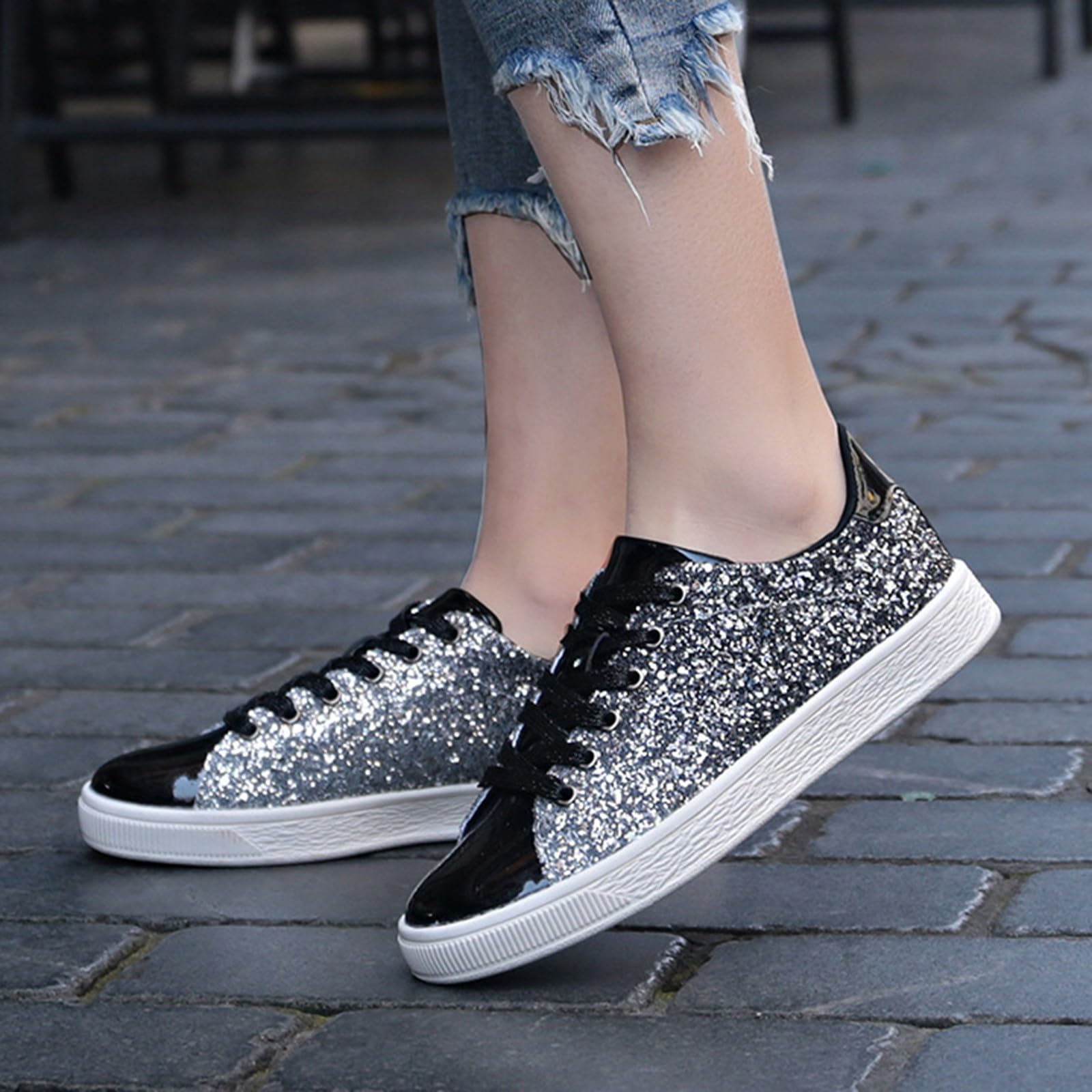 Sneaker da donna alla moda con paillettes glitterate, scarpe sportive piatte con brillantini, scarpe da festa, scarpe da corsa, scarpe da jogging con lacci, scarpe per il tempo libero