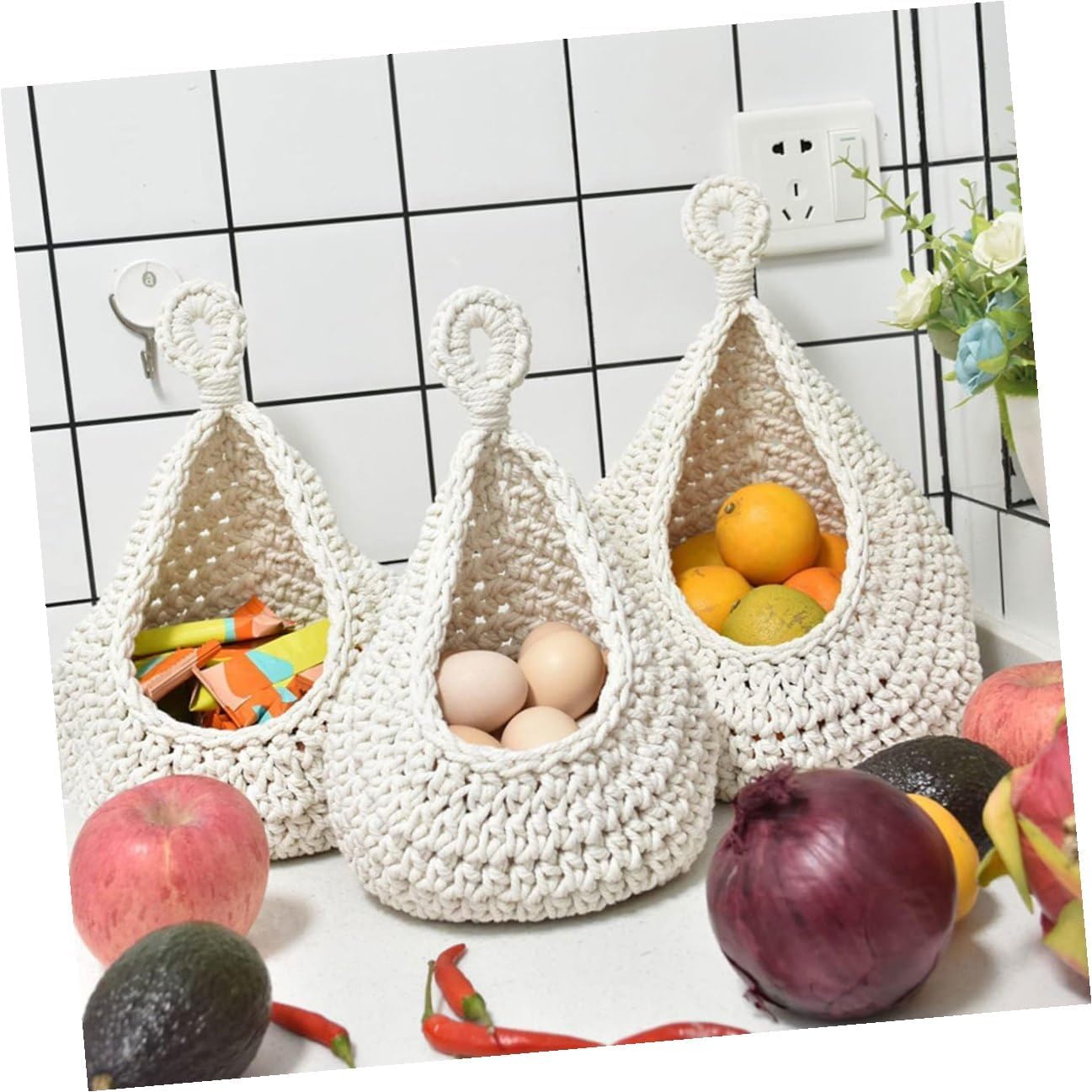 Handwoven Teardrop Hanging Fruit Basket Set of 3, Bohemian Style Woven Storage Organizer, Kitchen Wall-mounted Sundries and Vegetable Holder for Home