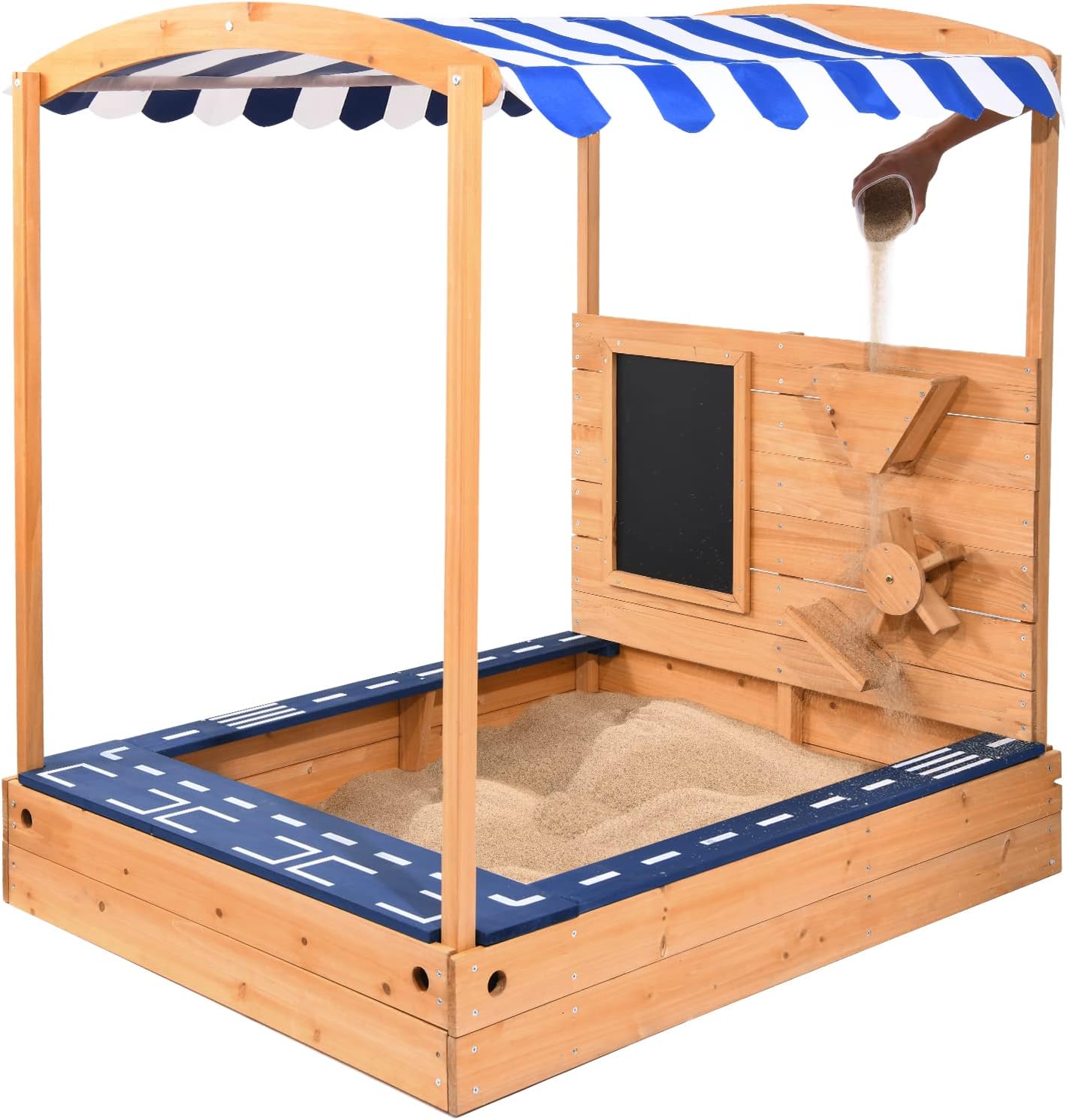 Buy Hapfan Wooden Sandbox with Cover, Canopy, Blackboard, Car Track, Sand Funnel and Wheel