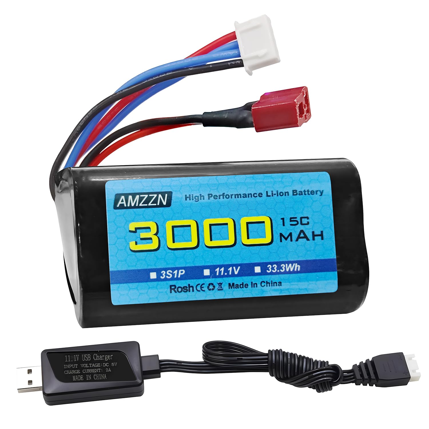 11.1V 3000mAh 15C 3S T-plug batteria agli ioni di litio con caricatore USB, adatto per R608 2104 barca brushless telecomando, 210E 200E auto brushless telecomando