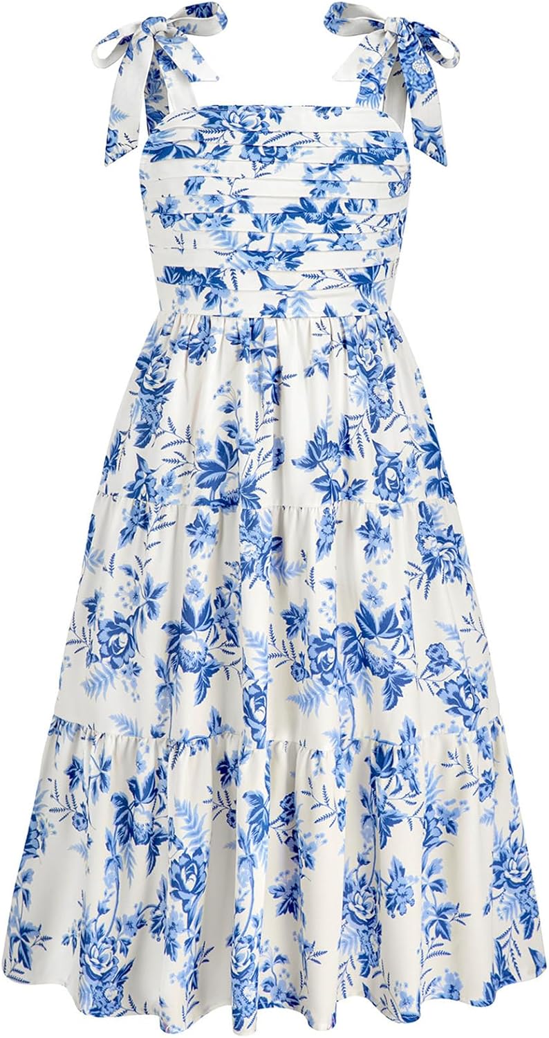 Girls Floral Dress Summer Ruched Flowy Tiered Cami Dresses Beach Vacation Midi Sundress with Pockets for 6-14 Years