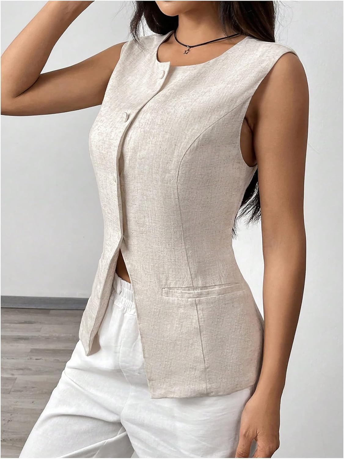 MakeMeChic Women's Vest Top Sleeveless Business Blazer Button Down Dressy Suit Teacher Outfit - Image 3