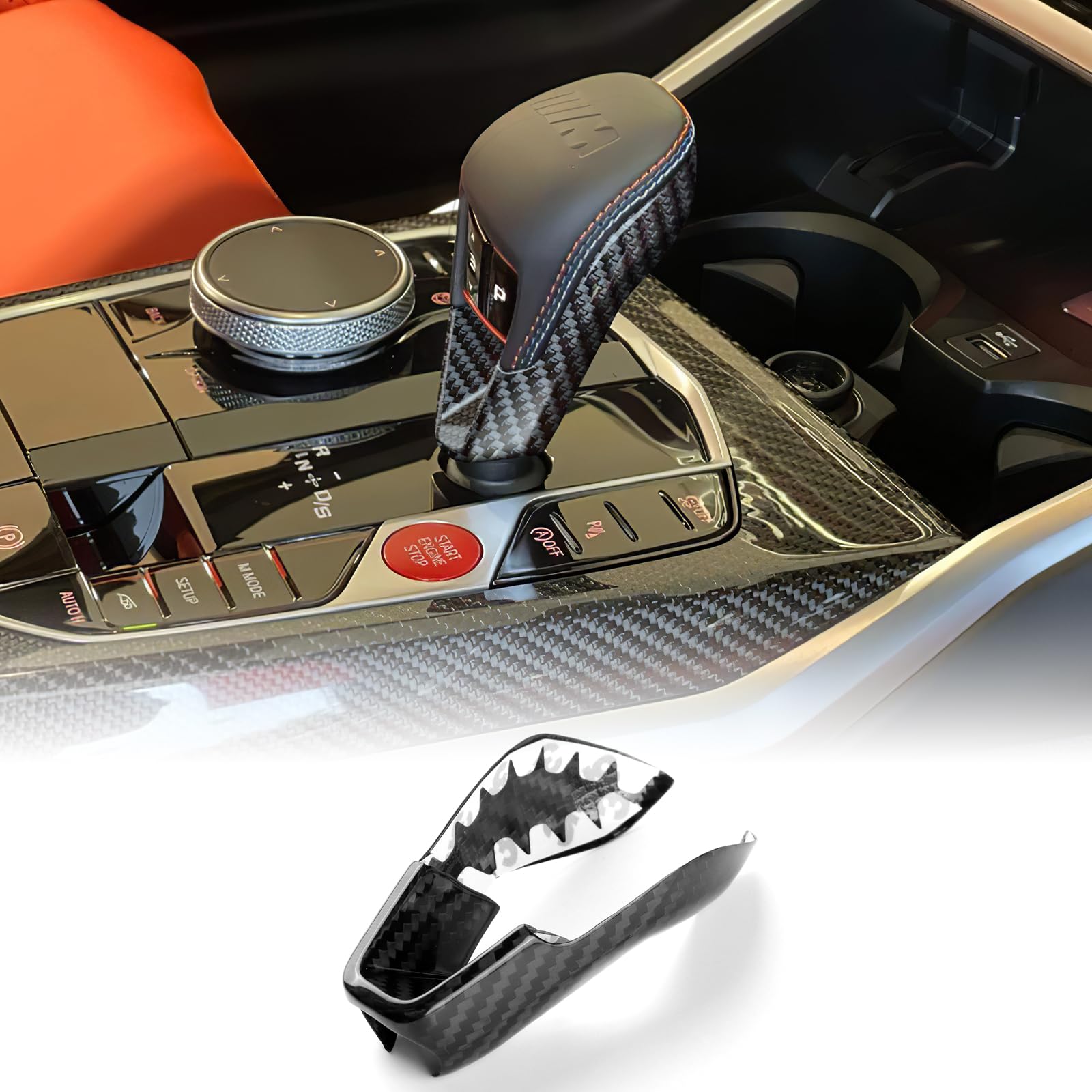 KUNGKIC Cubierta de fibra de carbono para palanca de cambios de coche para BMW M2 G87 M3 G80 M4 G82 G83 X3M F97 X4M F98 M8 F91 F92 F93 X5M F95 X6M F96 2021-2025 Accesorios Pomos para palanca de cambio