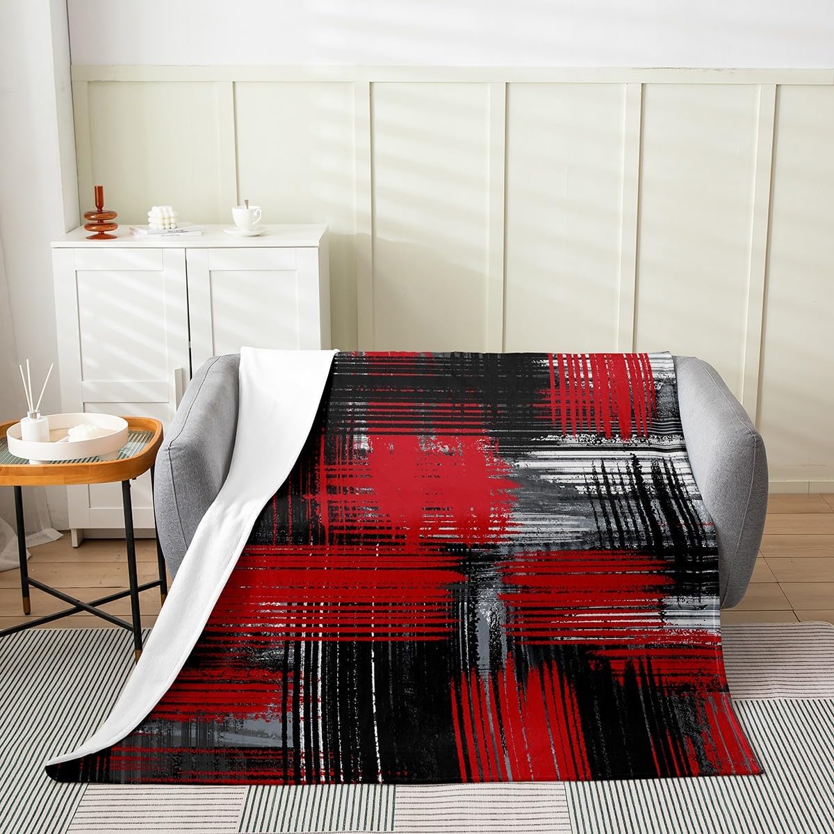 Feelyou Abstract Flannel Fleece Blanket Set Modern Abstract Art Plush Throw Blanket, for Sofa Couch Red Black Grey Pattern Bedding All Season,Bed Blanket Set Room Decor Throw 50"x60"