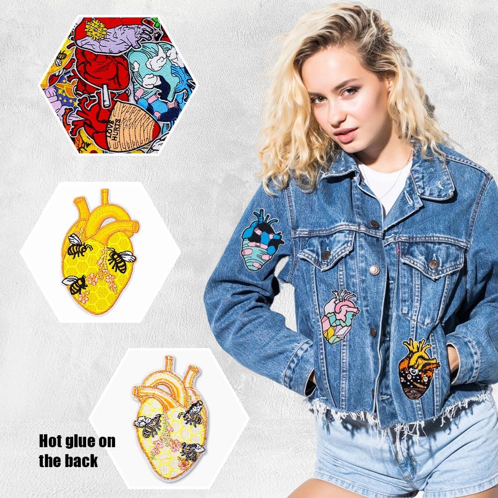 18PCS Anatomical Heart Iron On Patches Punk Gothic Medical Anatomy Lovers Embroidered Human Organ Appliques for Clothes Jackets Backpacks Jeans Vests Trucker Hats Repair DIY Art Crafts