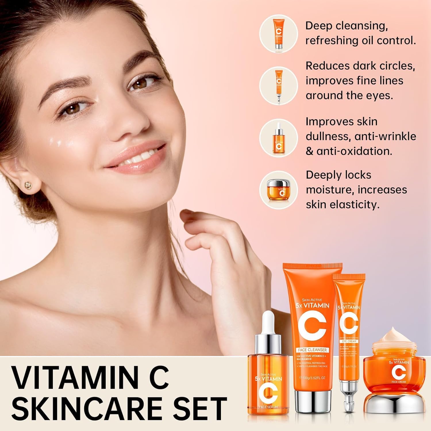 Vitamin C Skin Care Set - 4PCS Travel Skin Care Set With Facial Cleanser, Eye Cream, Serum & Face Cream - Korean Facial Skincare Set for Teen Girls and Women for Moisturizing, Anti-Aging, Anti-Wrinkle - Image 2