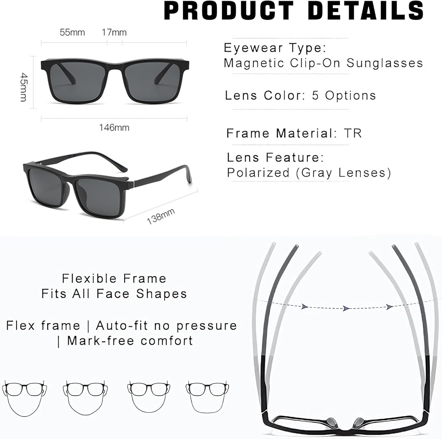Magnetic 5Pcs Clip-On Sunglasses Set for Men and Women – Polarized UV Protection Eyewear & Magnetic Eyeglasses Frames for Night Driving & Everyday Comfort & Fishing