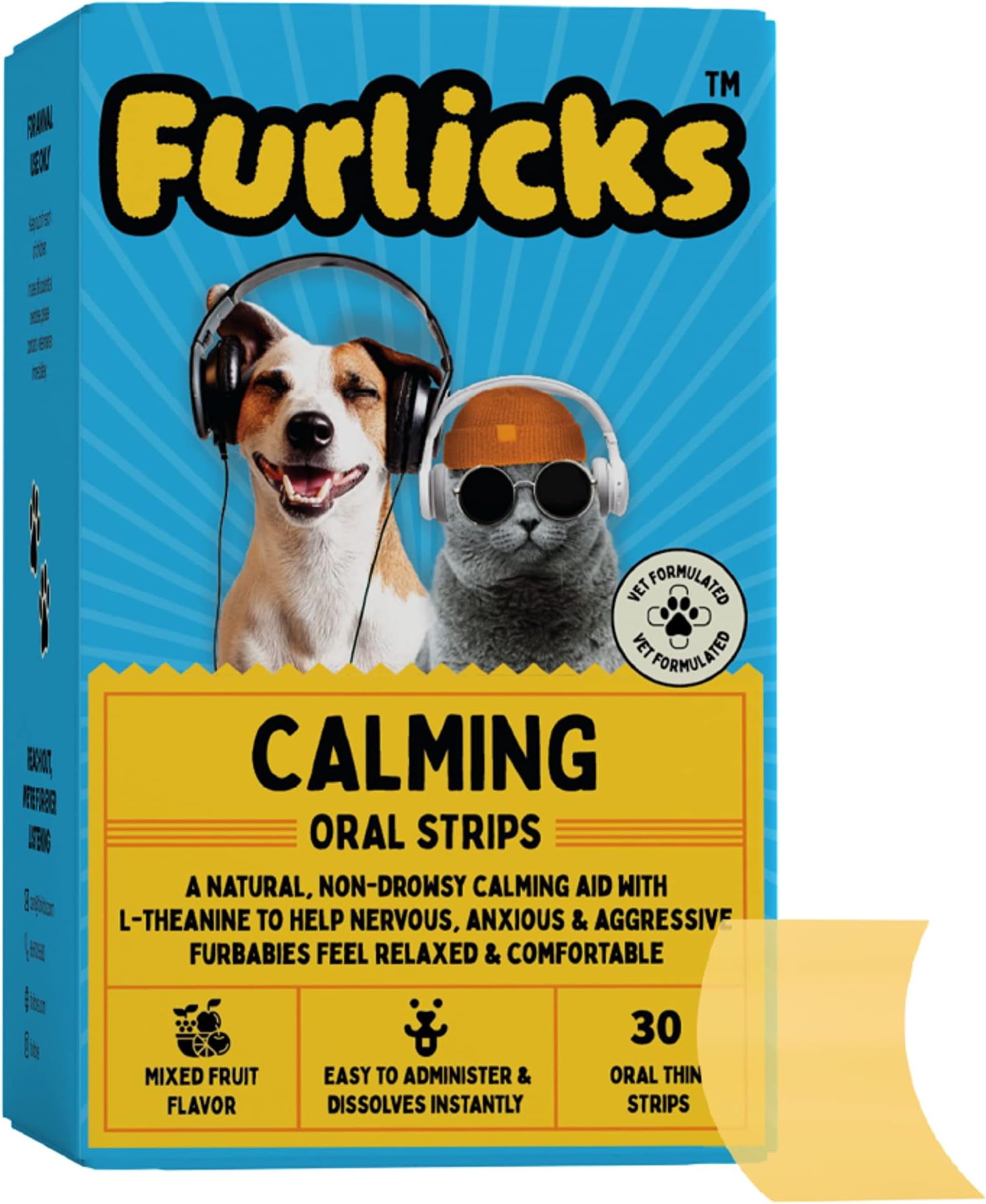 Furlicks Calming Aid for Dogs & Cats | L-Theanine, Tryptophan, Chamomile and Withania Somnifera (Ashwagandha) for Balanced Behavior, Relaxation and Stress & Anxiety Relief (30 Oral Dissolving Strips)