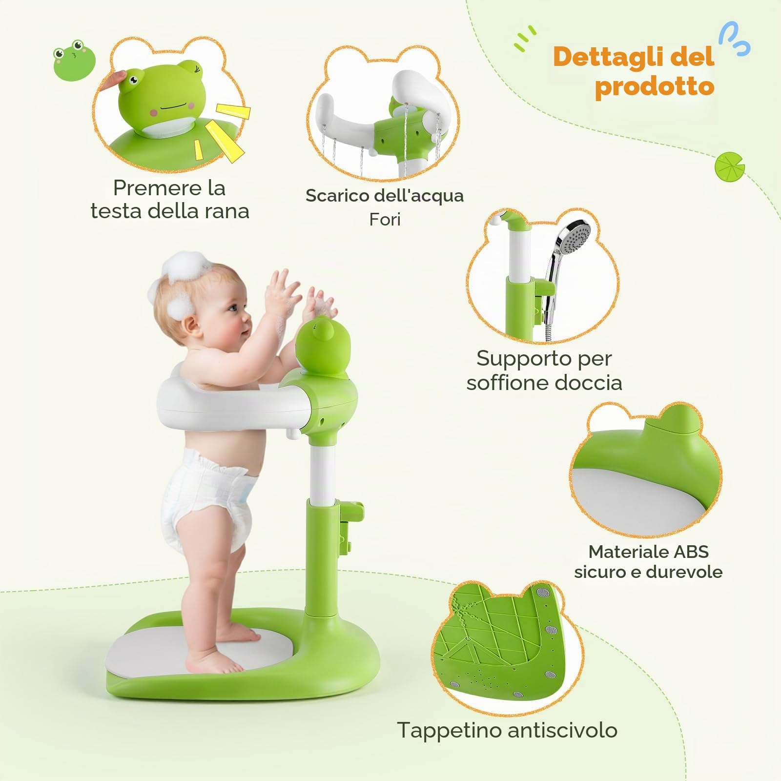 Supporto Doccia Bambini in Piedi, Supporto per Doccia Bambini Regolabile con Sedile e Base Antiscivol, Supporti per Vasca da Bagno per Bambini, Supporti Doccia Bambini dai 6 ai 36 Mesi (Rana)