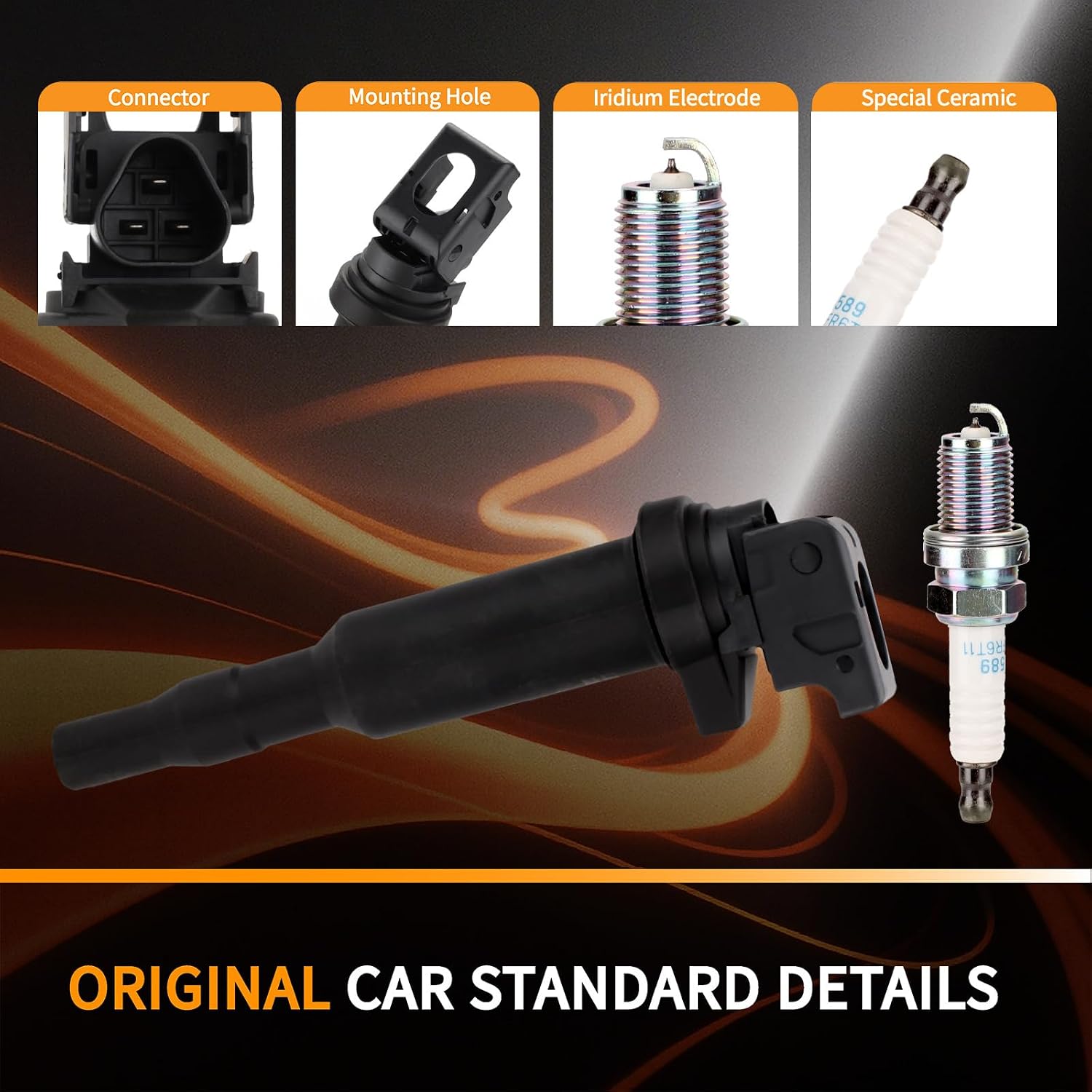 Pack 6 UF515 OEM Ignition Coil & Spark Plug - Compatible with BMW 325Ci 325i 330Ci 330i 525i 530i 645Ci 650i 750Li 760i Alpina B7 M3 X3 X5 Z3 Z4 - L6 V8 4.4L 4.8L Engine - Replaces # UF522