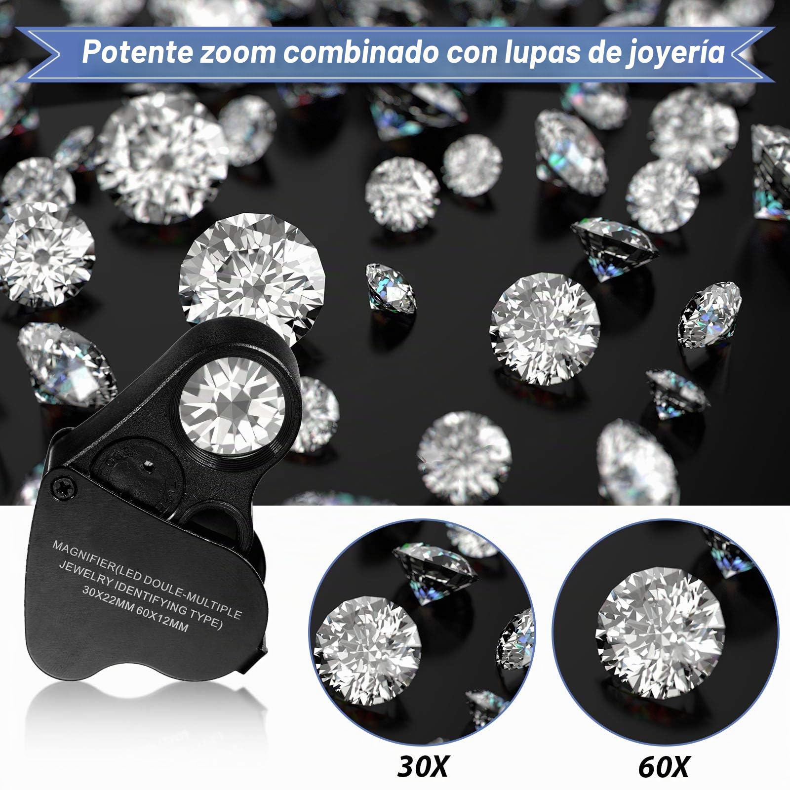 2 Piezas Lupas de Joyeros de 30X 60X 90X Lupa de Ojo de Joyeros Iluminada Lupa de Joyería de Círculo con Luz UV Negro y Luz LED Brillante para Gema Diamante Moneda Sello (Negro)