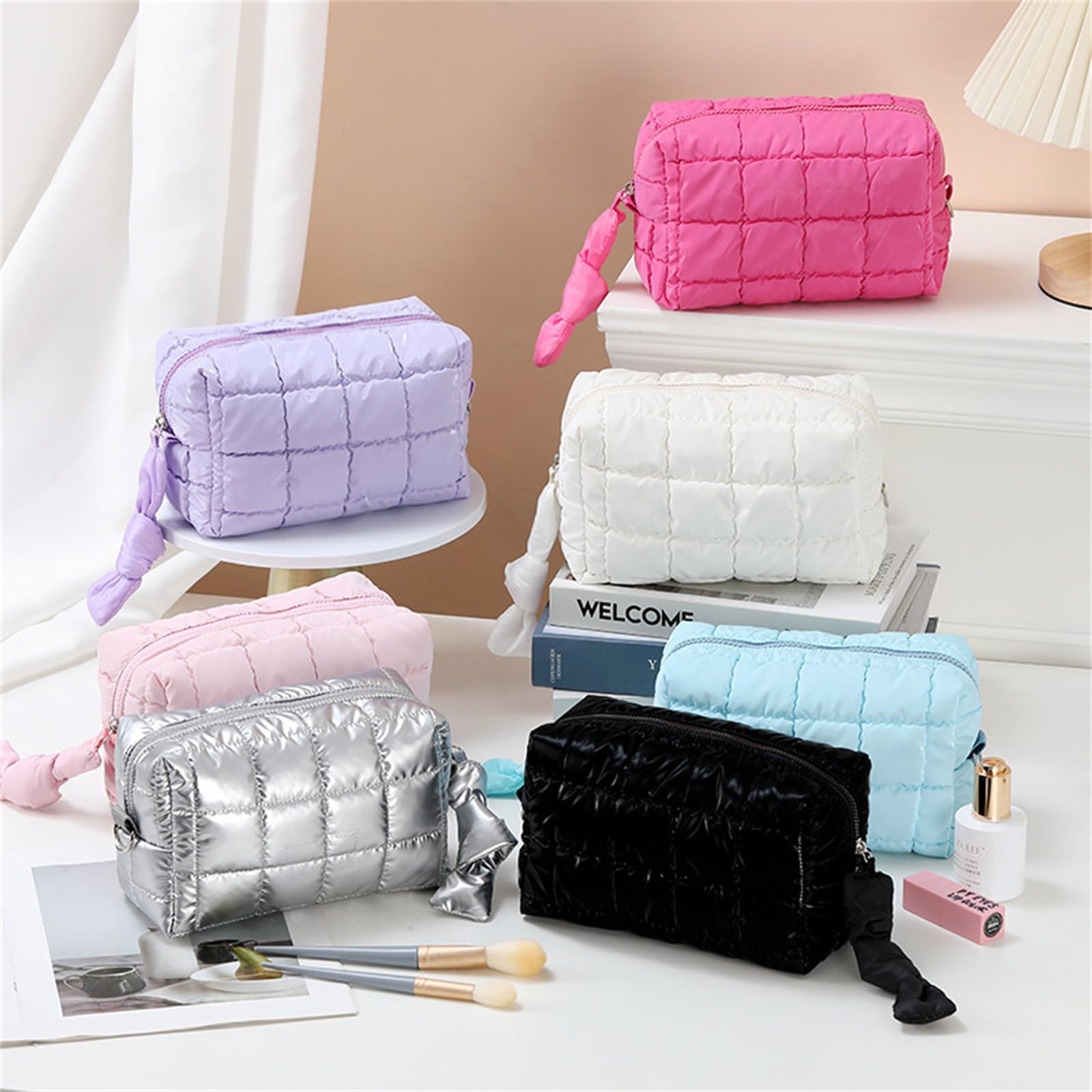 Grande trousse de maquillage matelassée, grande trousse de toilette de voyage pour femmes et filles, idéale pour un sac à main essentiel, Argenté., Taille unique