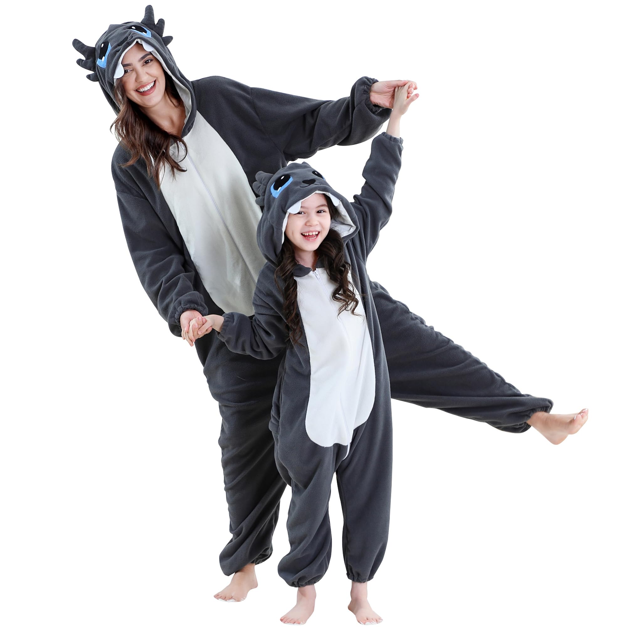 HAHASHOW Pyjama voor volwassenen met capuchon, zacht flanel, voor heren en dames, kostuum met schattige dieren (Halloween-stijl), uniseks rompertje voor winter en feestjes, Zwarte draak, 120 cm
