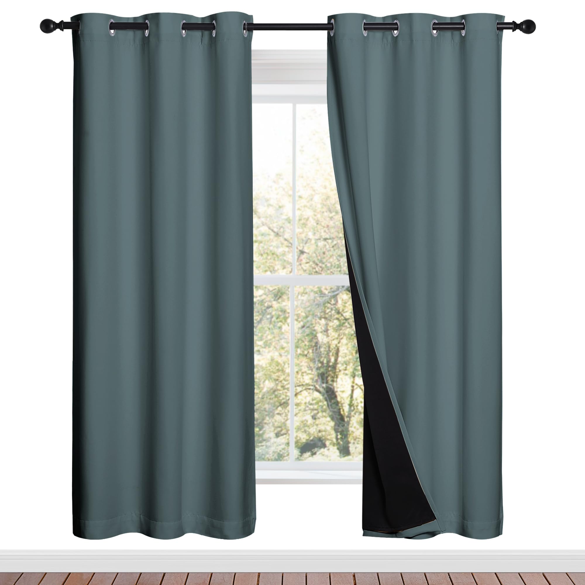 NICETOWN Full Shade Curtain Panels, 37" Wide x 70" Long, Greyish Blue, Pair of Thermal Insulated &amp; Energy Efficiency Blackout Drapes for Living Room, Lined Silky Performance Window Dressing