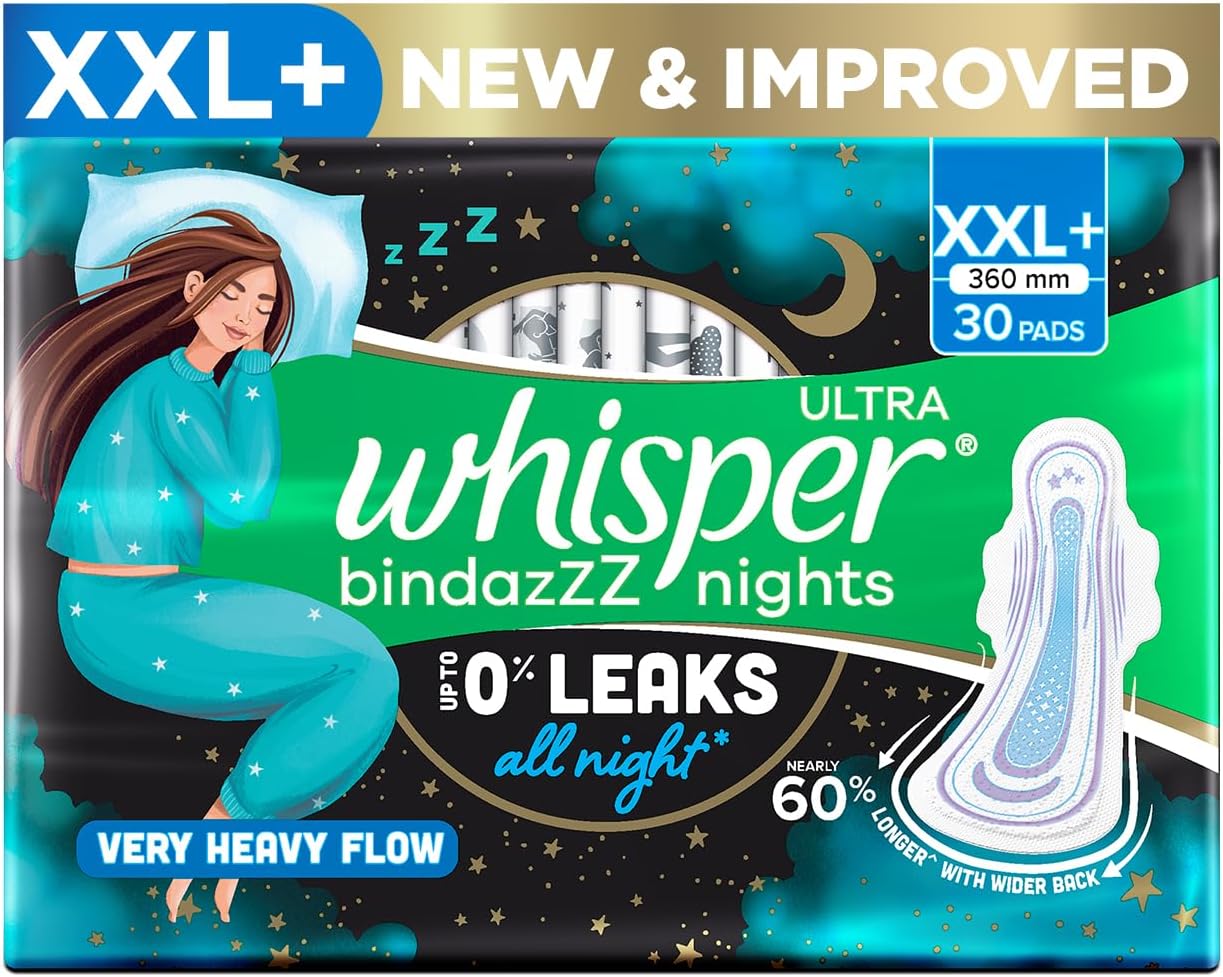 Whisper Bindazzz Nights 30 XXL+ サニタリーパッド、一晩中最大0%漏れ可能、非常に重い流れを実現、ほぼ60%長く、背中が広く、アクティブな臭いロックでフレッシュな気分になります、使い捨てラッパー