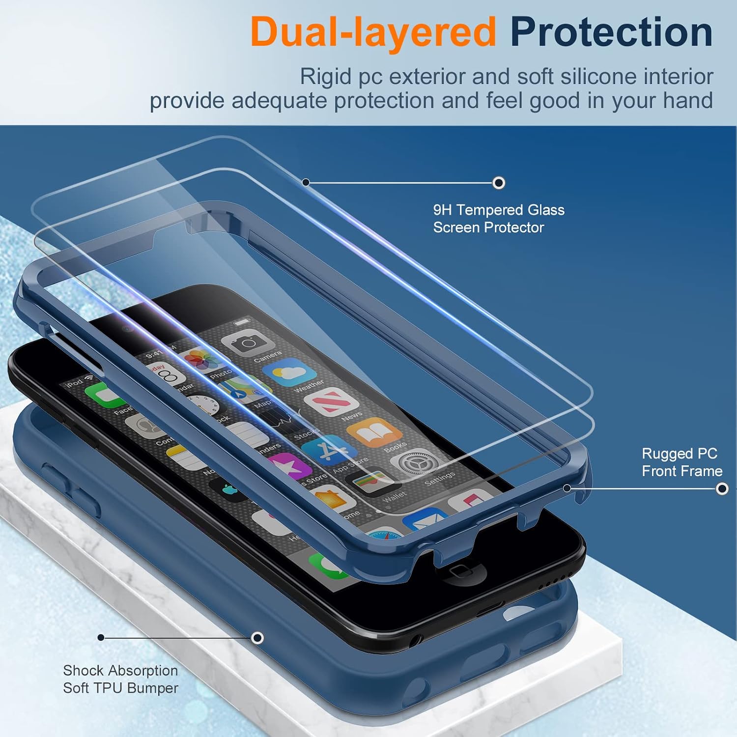 LeYi iPod Touch 7th Generation Case, iPod Touch 7/6 /5 Case with [2 x Tempered Glass Screen Protector] for Boys Girls, Full-Body Protective Soft Liquid Silicone Cute Case for iPod Touch 7/6/5, Blue