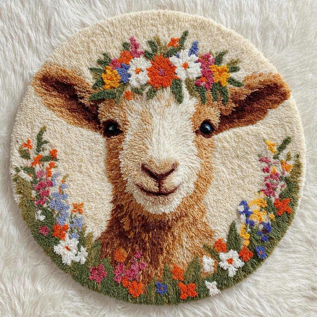 DIY Latch Hook Rug Kit Cute Brown Goat with A Floral Wreath 50x50cm-2 | Hook and Latch Yarn Crochet Round Shape Mat with Pattern Easy for Beginners Adults Carpet Tapestry Hooking for Home Decor
