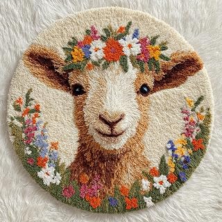 DIY Latch Hook Rug Kit Cute Brown Goat with A Floral Wreath 50x50cm-2