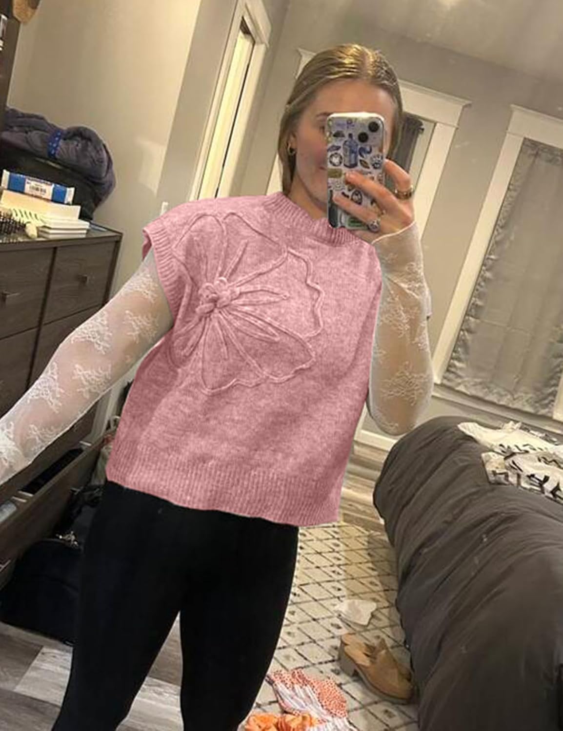 Womens Floral Sweater Vest Cute Cap Sleeve Tops 3D Flower Decor Knit Tank Top Loose Spring Fall Summer Clothes 2026 - Image 7