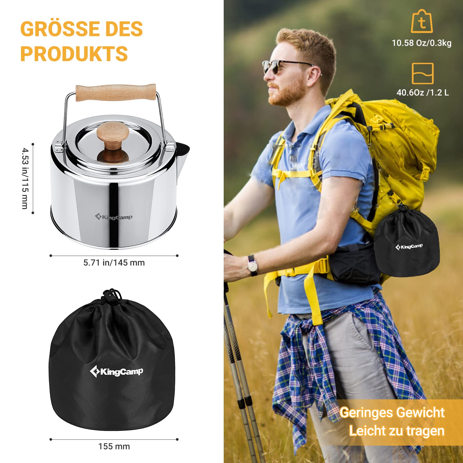KingCamp Camping Wasserkocher 1,2L Edelstahl Teekanne mit hitzebeständigem Bambusgriff & Teesieb, Outdoor Wasserkessel für Gaskocher und Lagerfeuer, Leicht & Kompakt für Camping,Picknick und Wandern