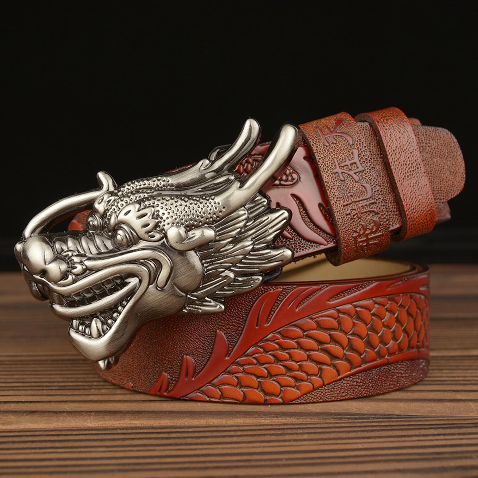 Cinturón De Cuero Estilo Western Con Trinquete En Relieve, Hebilla Deslizante Automática Ajustable Y Dragón Plateado