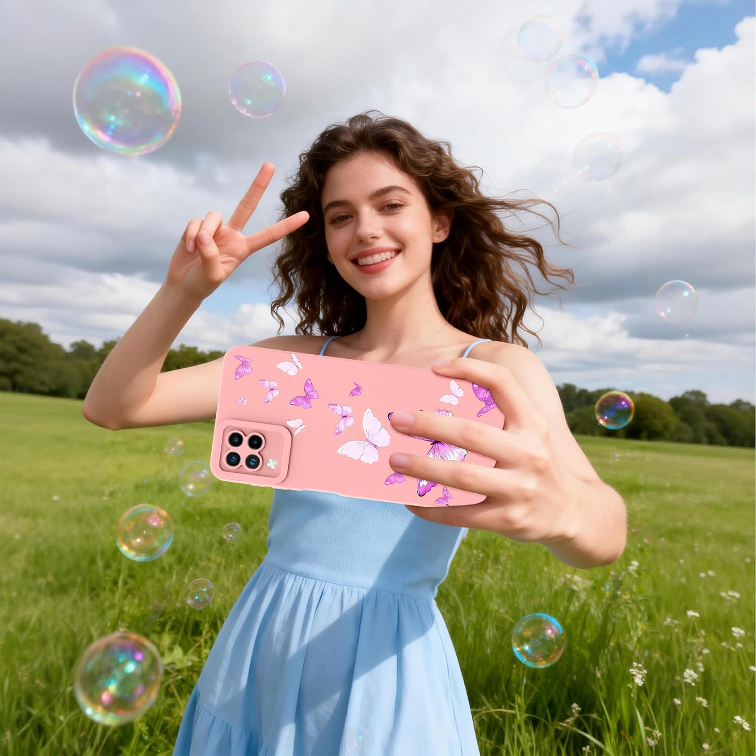 for Samsung Galaxy A12 Phone Case, Fashion Flower Pattern Design Girls Women Liquid Silicone Cover, Slim Shockproof and Scratch-Resistant Soft Case for Samsung A12 - Butterfly Pink - Image 2