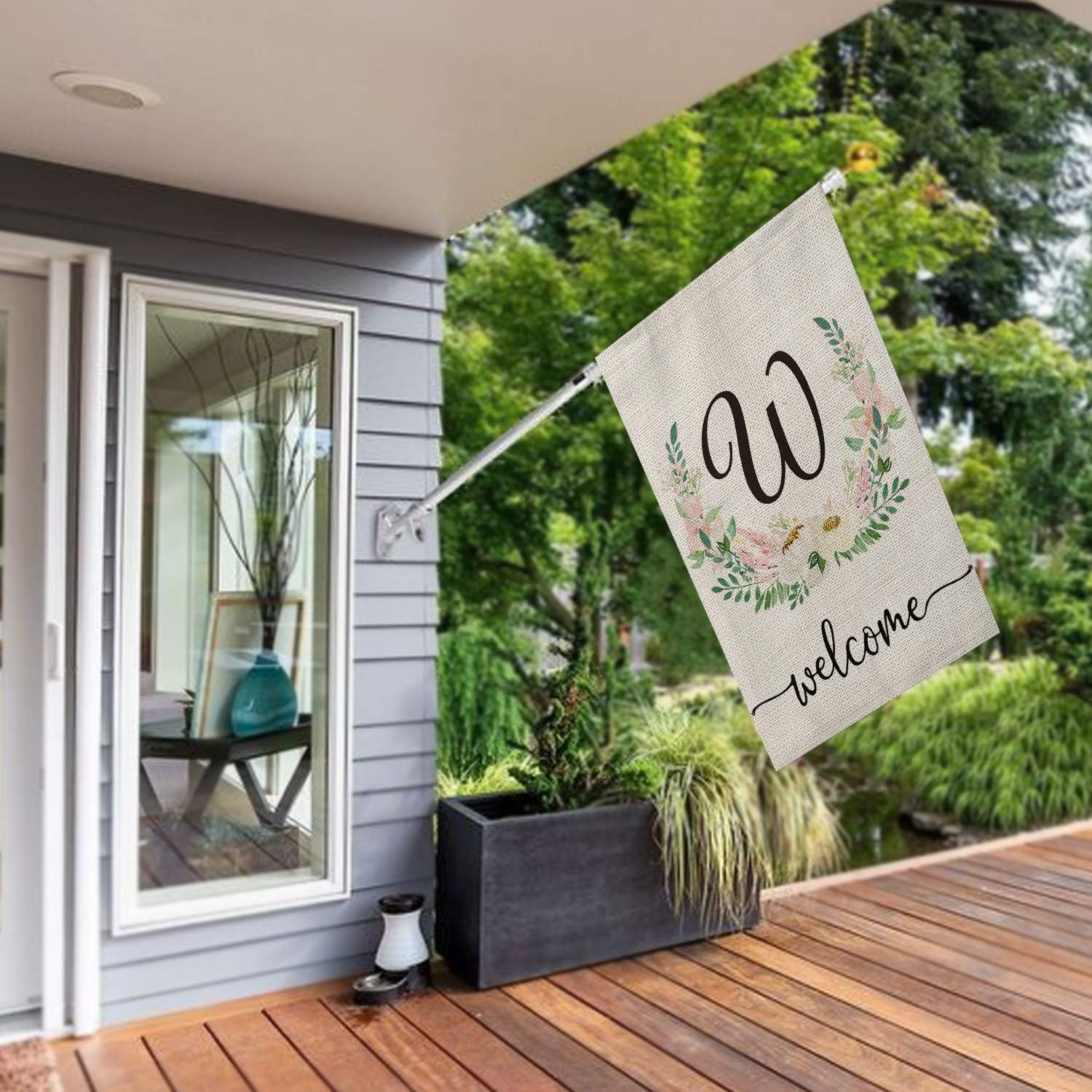 SMILE Personalized Welcome Spring House Flag, Summer Customized Monogram Initial Family Name Wreath And Flower, Double Sided 28 x 40 Inch Rustic Farmhouse Burlap Yard Outdoor Decoration