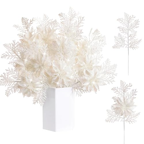 Thiccywoov 12 Pcs Christmas Glitter Artificial Poinsettia Flowers Picks and Leaves Sprays Branches with Clips Ornament Xmas Floral Picks Stems for Christmas Tree Vase Wreath Garland Decor(White)