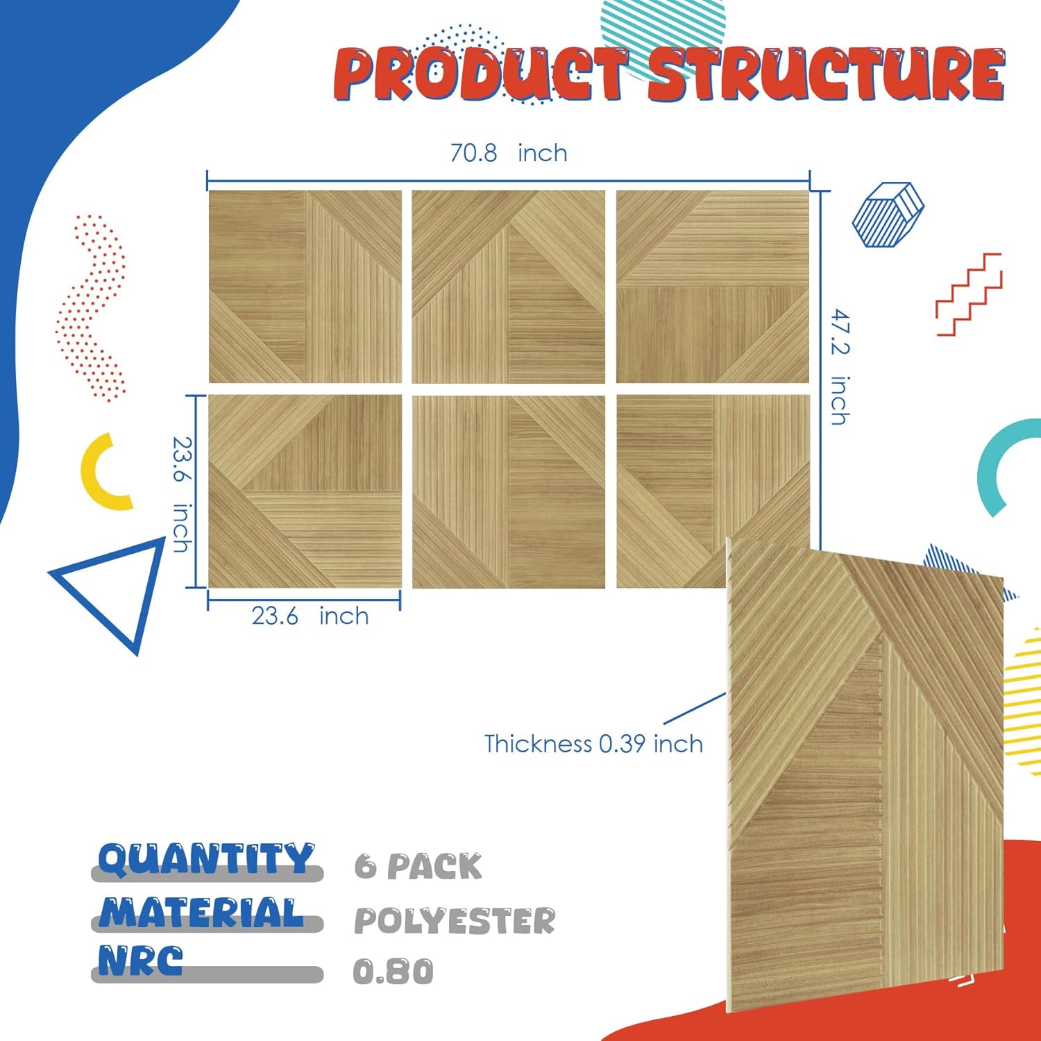 6 PCS Acoustic Wall Panels for Home Studios Offices Home Theaters - UV Printing, Self-Adhesive Polyester Fiber Sound Absorbing Soundproof Acoustical Panel - Like Raw Wood 23.6x23.6x0.4 in