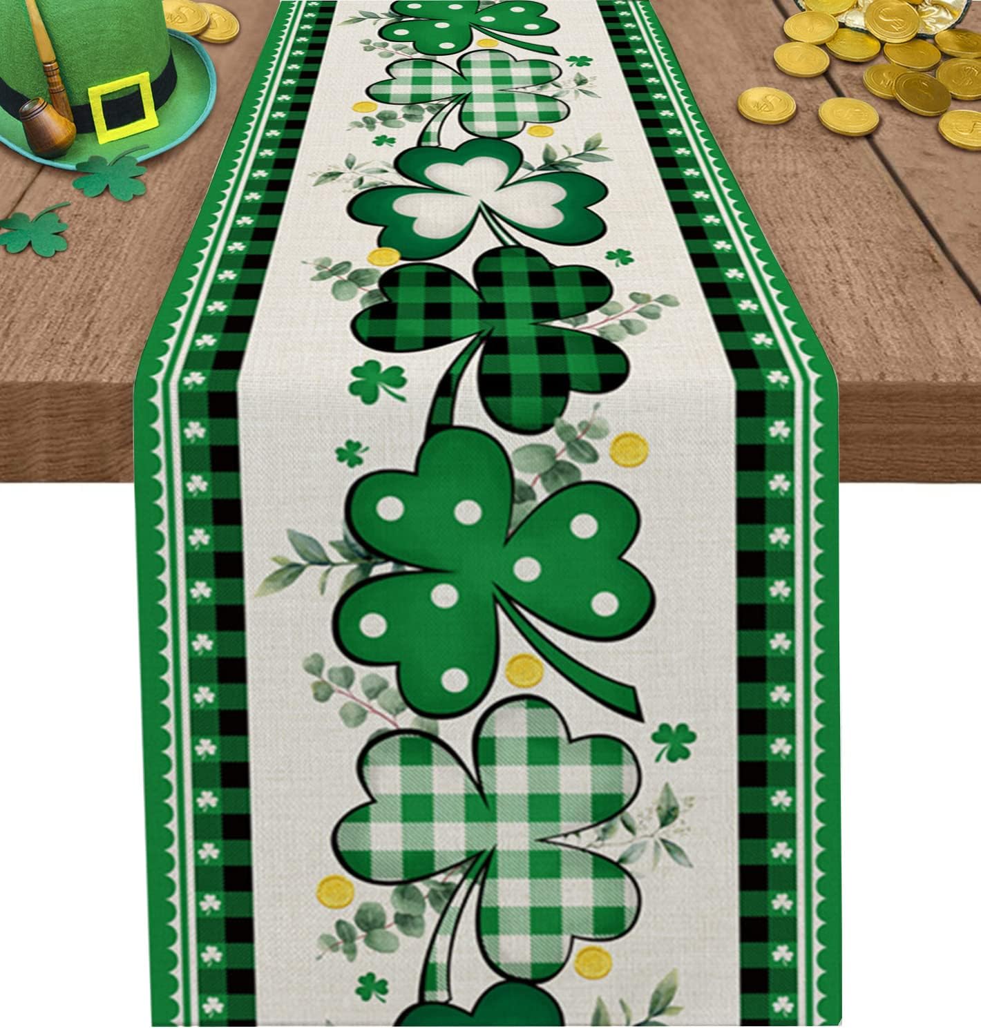 St. Patrick's Day Table Runner Coffee Table Runners, Green Clover Leaves Buffalo Plaid Dining Table Runner Dresser Scarves for Kitchen Wedding Party Outdoor, Rectangle 13x108 Inch Burlap