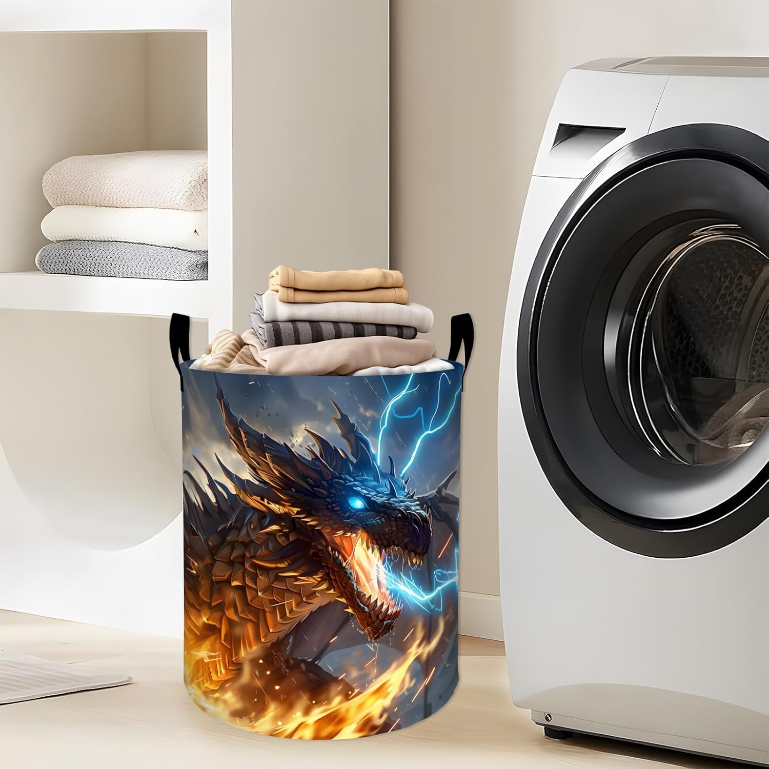 Fiery Dragon Breathing Flames and Lightning Laundry Basket with Handles, 19.7"x15.7" Clothes Foldable Laundry Hamper Organizer for Dorm Nursery Bedroom Bathroom Decor, Toy Storage Bin for Kids
