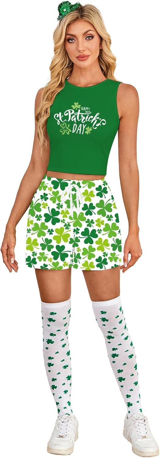 Women St.Patricks Outfits 5pcs Costume Crop Tank Top Shorts Set with Green Hat Headband,White Clover Socks,Coins
