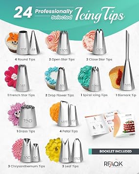 RFAQK 90PCs Cake Decorating Kit with Leveler, Baking Supplies Gift Includes Cake Stand Turntable, 24 Numbered Icing Tips, 55+1 Piping Bags, 2 Frosting Spatulas, 3 Scrappers, Video Course & Booklet