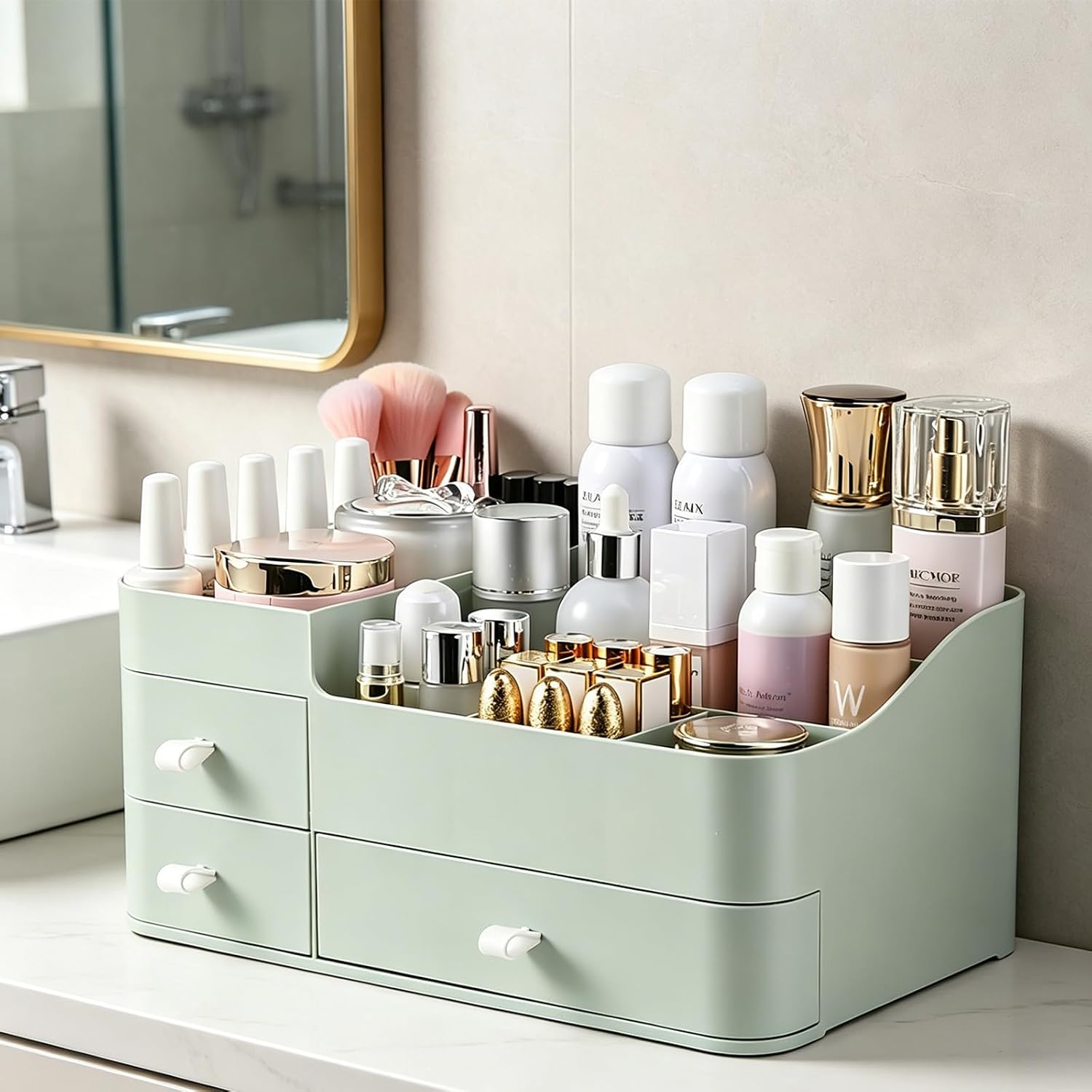 Makeup Organizer with Drawers, Bathroom Counter Organizer, Plastic Cosmetic Display Case, Large Skincare Storage for Vanity Countertop, Ideal for Bedroom Dresser top and Desktop
