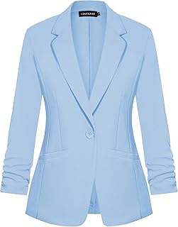 Women's Casual Blazer 3/4 Ruched Sleeve Open Front Button Work Office Blazer Jackets with Pockets