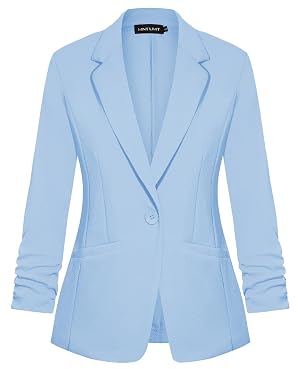 MINTLIMIT Womens Casual Blazer Suit Cardigan Lapel Button 3 4 Gathered Sleeve Jackets Blazers with Pockets Light Blue