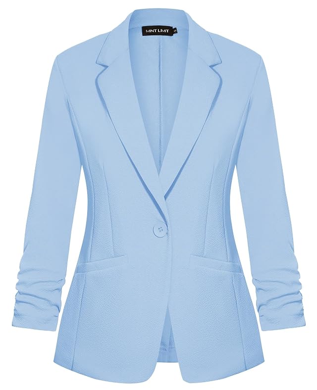 MINTLIMIT Womens Casual Blazer Suit Cardigan Lapel Button 3 4 Gathered Sleeve Jackets Blazers with Pockets Light Blue