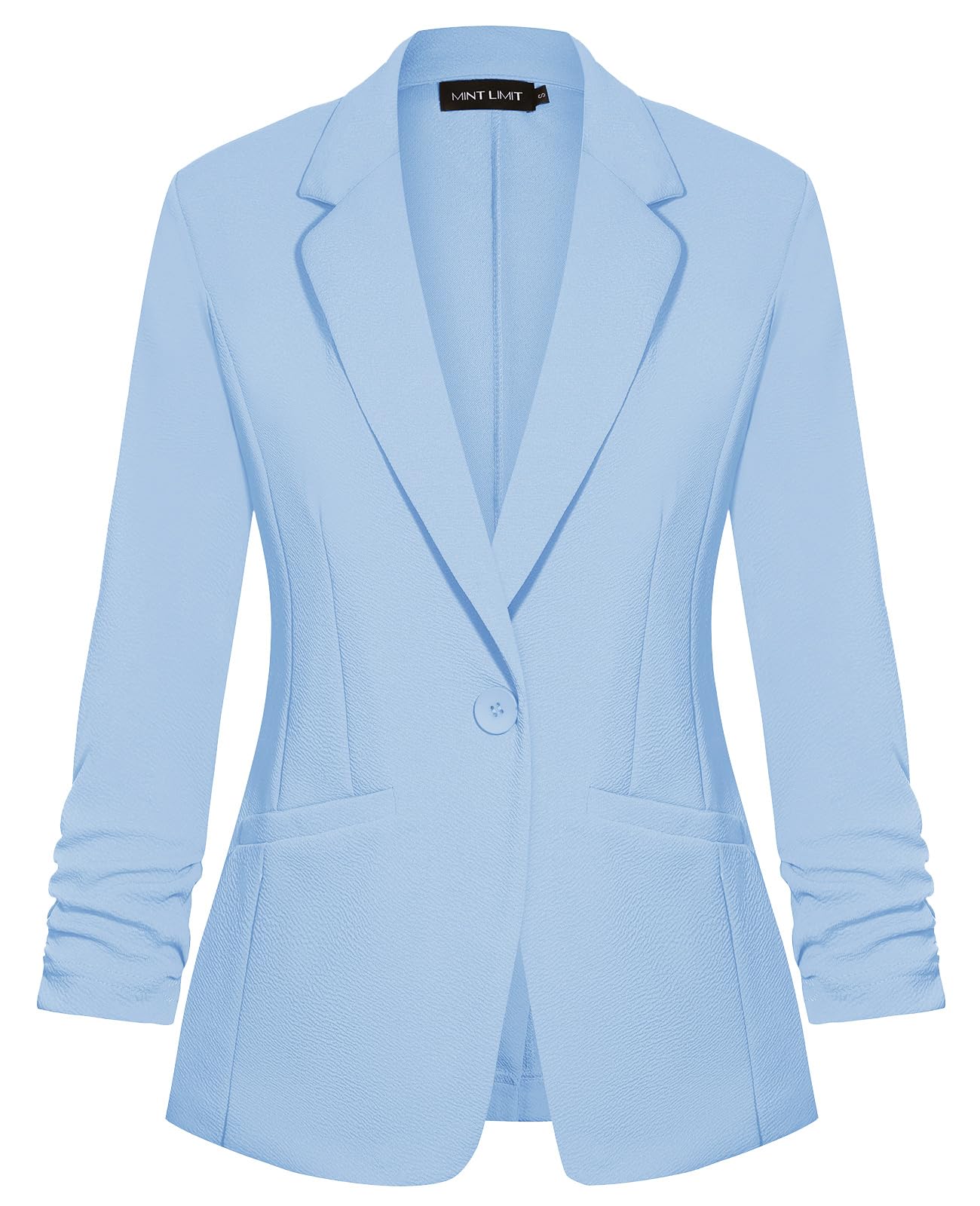 MINTLIMIT Womens Casual Blazer Suit Cardigan Lapel Button 3 4 Gathered Sleeve Jackets Blazers with Pockets Light Blue