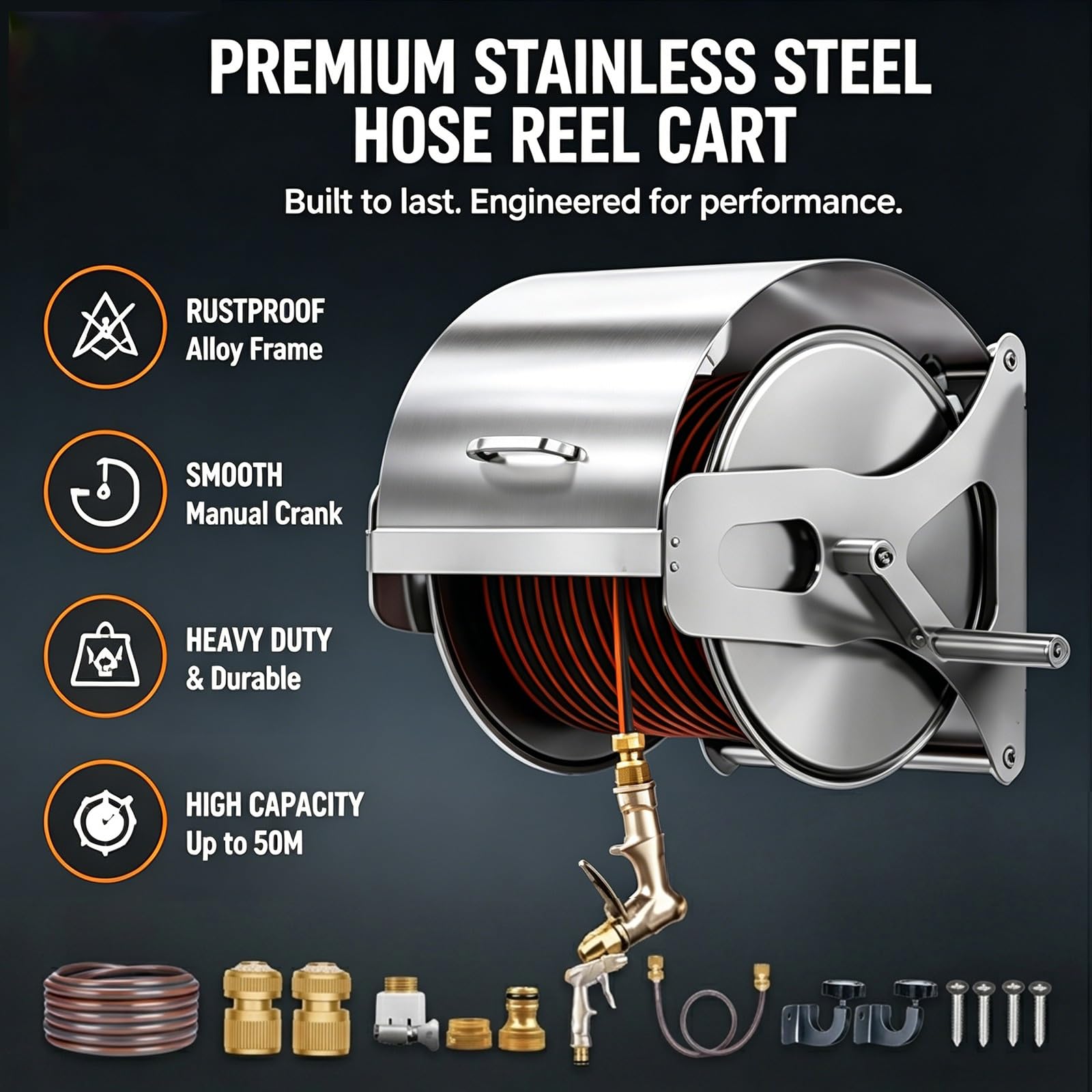 Heavy Duty Edelstahl Schlauchwagen, Wand & Boden Metall Gartenschlauchaufroller mit 5-Modi Spritze, Antirost Schlauchtrommel Kurbel Halterung Profi Set(50M/165FT)