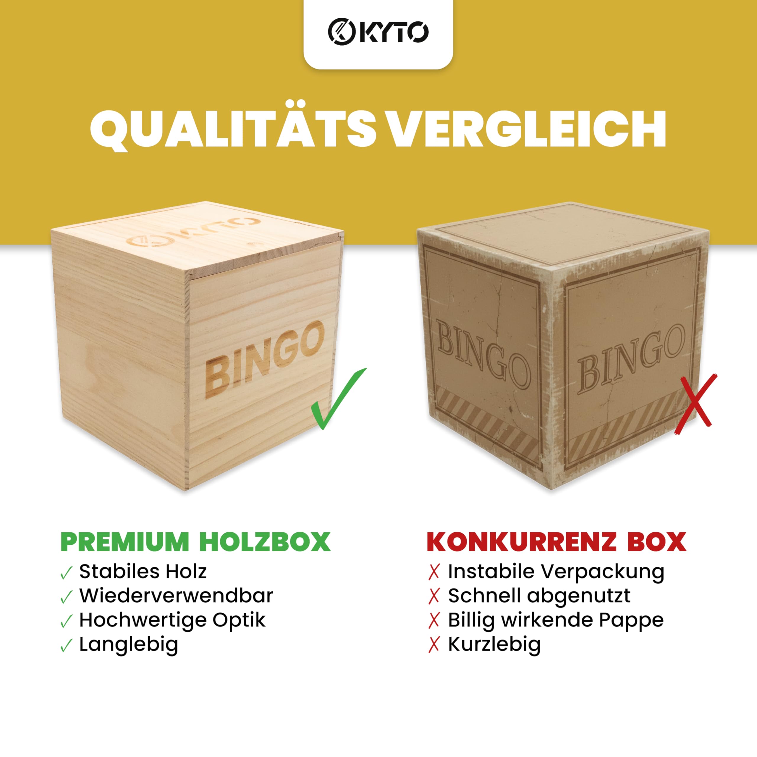 Kyto Bingo Spiel Deluxe Set – Gold Metall Trommel & Holzbox – 75 Kugeln, 150 Chips, 18 Wiederverwendbare Bingokarten + 500 Stift-Karten – Gesellschaftsspiel für Familie, Party & Senioren