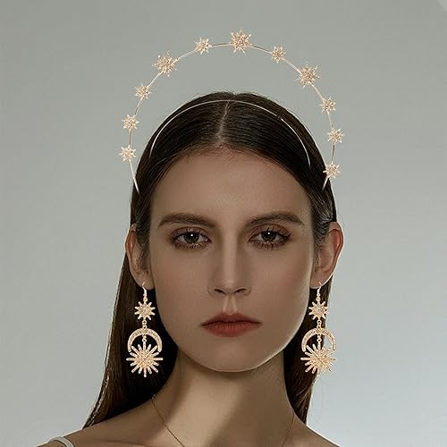 Miniatura 6 de Halo Crown - Stars Crystal Goddess HeadBand with Earrings Mary Metal Halo Headpiece Celestial Crowns Tiaras for Women Bridal Wedding Costume Cosplay