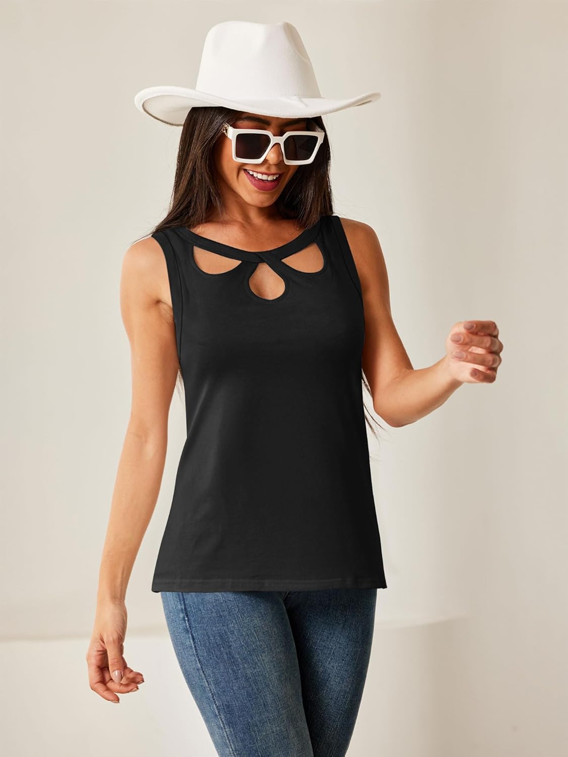 Womens Sleeveless Tank Tops Trendy Summer Hollow Out Crew Neck Tops Casual Loose Shirts Blouse - Image 2