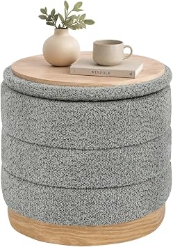 B FSOBEIIALEO Round Storage Ottoman with Tray, 15" Folding Foot Stool, Grey