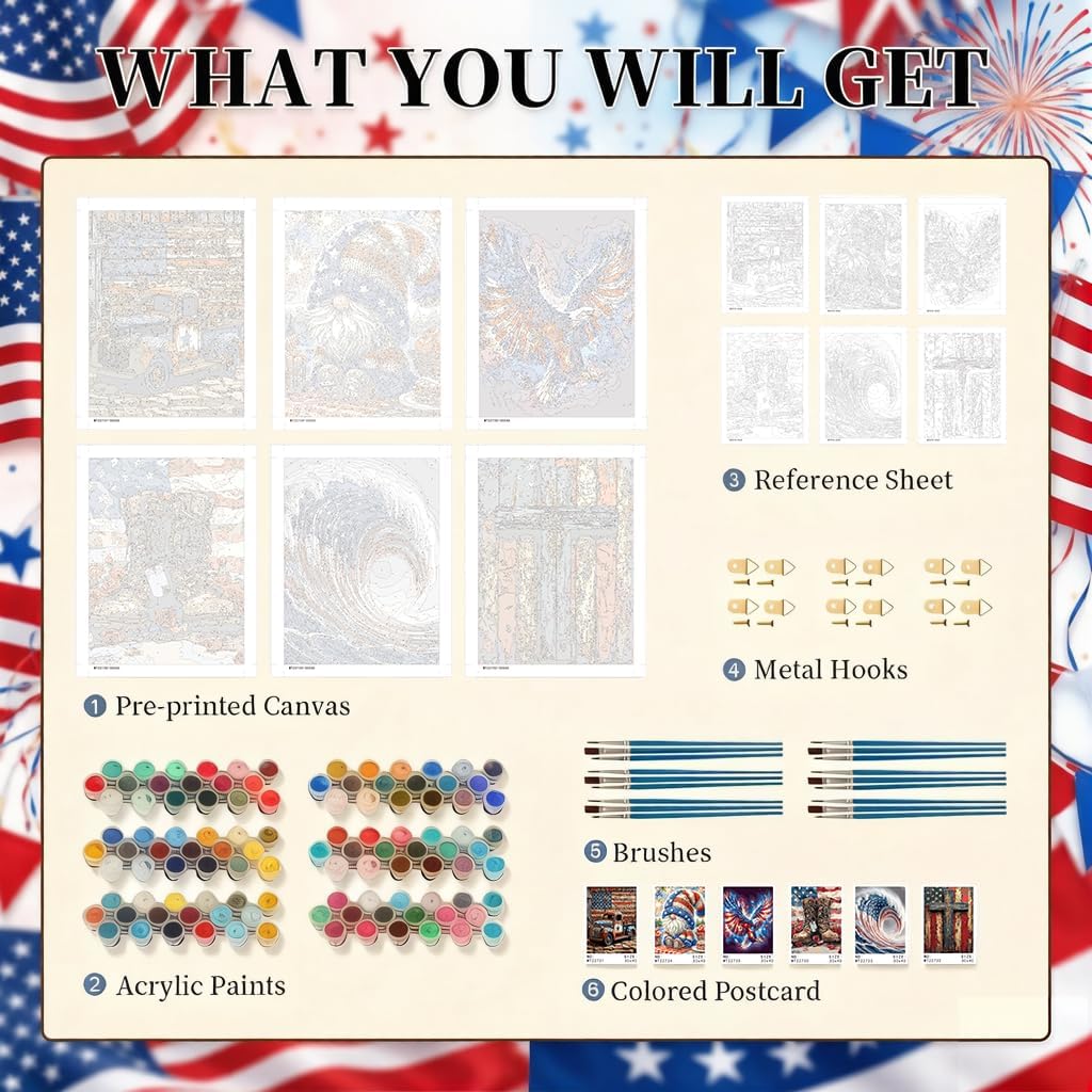KYOQFVN 6 Pack Independence Day Paint by Numbers Kit for Adults - 4 of July Patriotic Adult Paint by Number Kits on Canvas, DIY Acrylic Oil Numbers Painting Kits for Home Decor 12 x 16 inches