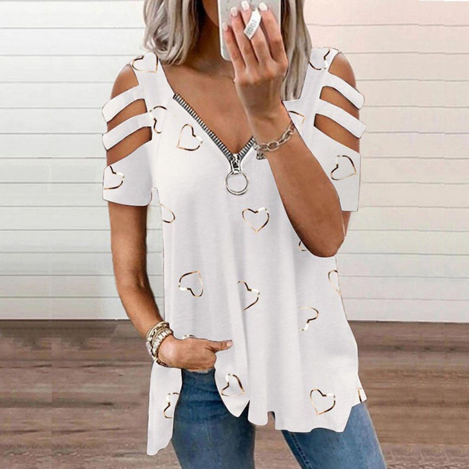 MOGSA T-shirt Estate Donna Oversize T-Shirt Cuore Stampa Spalla Aperta Manica Corta Top Femminile Plus Size Abbigliamento Donna