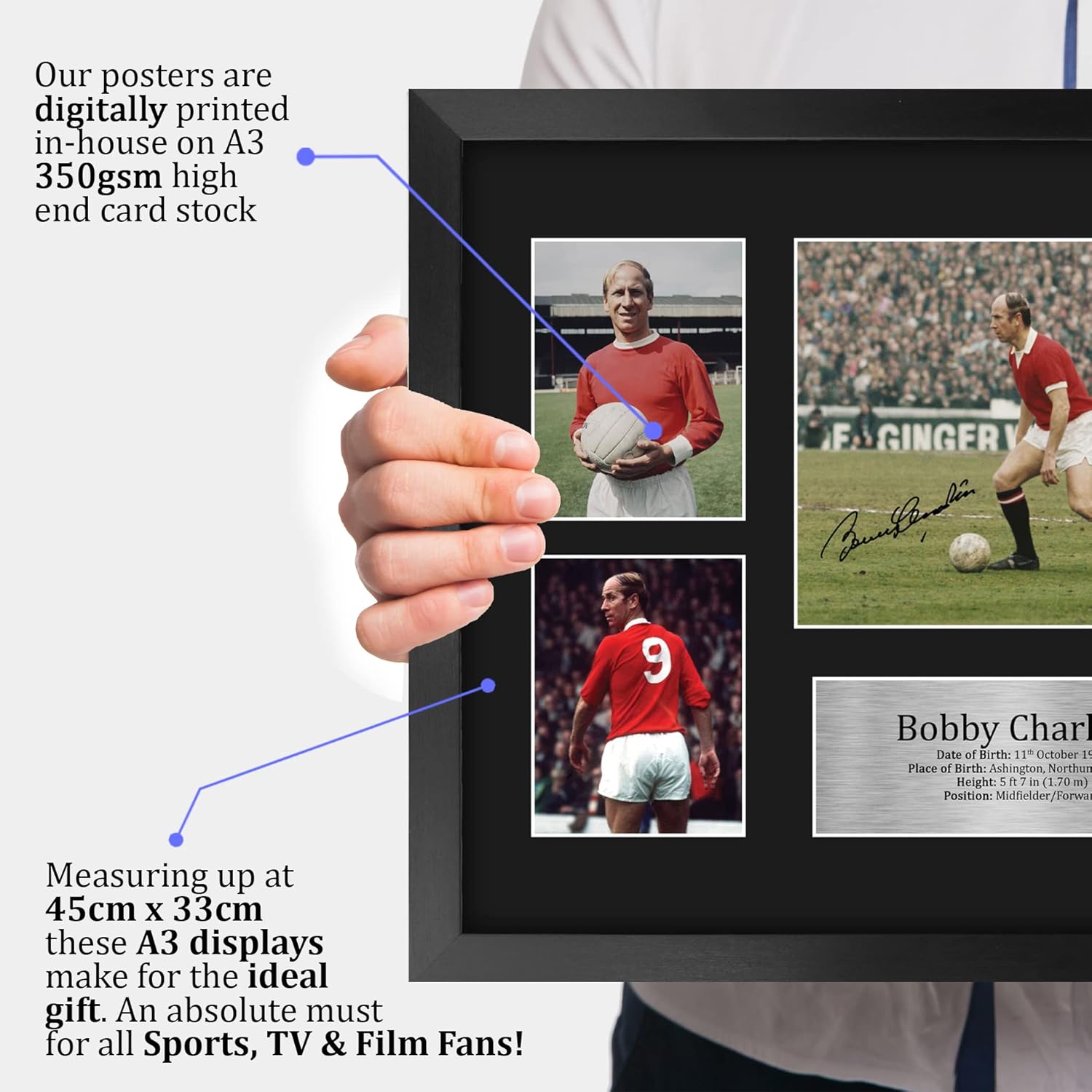 HWC Trading Sir Bobby Charlton 16 x 12 inch (A3) Printed Gifts Signed Autograph Picture for Football Fans and Supporters - 16" x 12" Framed