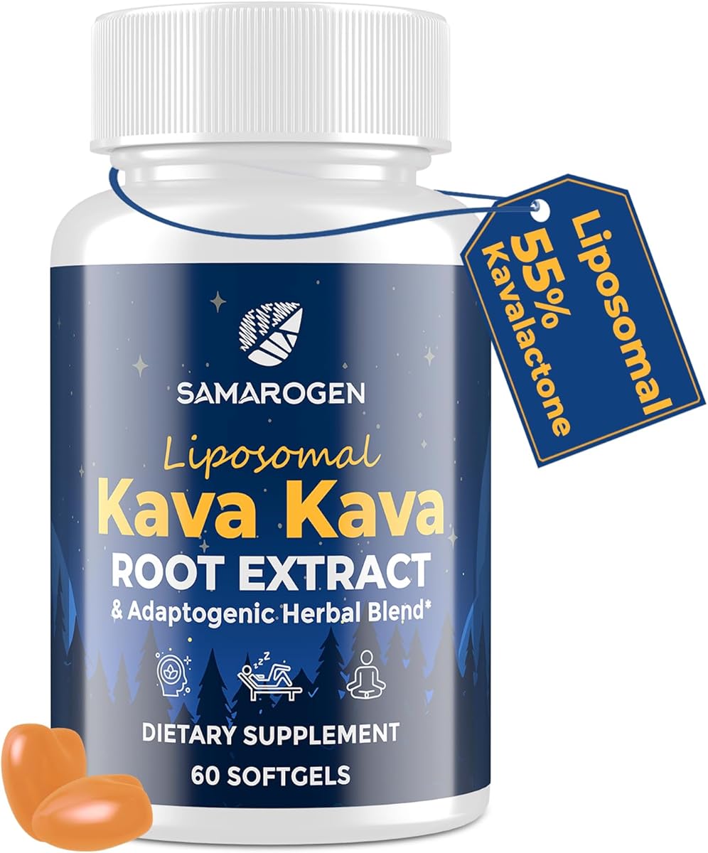 Kava Kava Capsules Root Extract Supplement Liposomal 55% Kavalactones with Ashwagandha Chamomile Lemon Balm Passionflower for Relax & Good Sleep (60 Softgels)