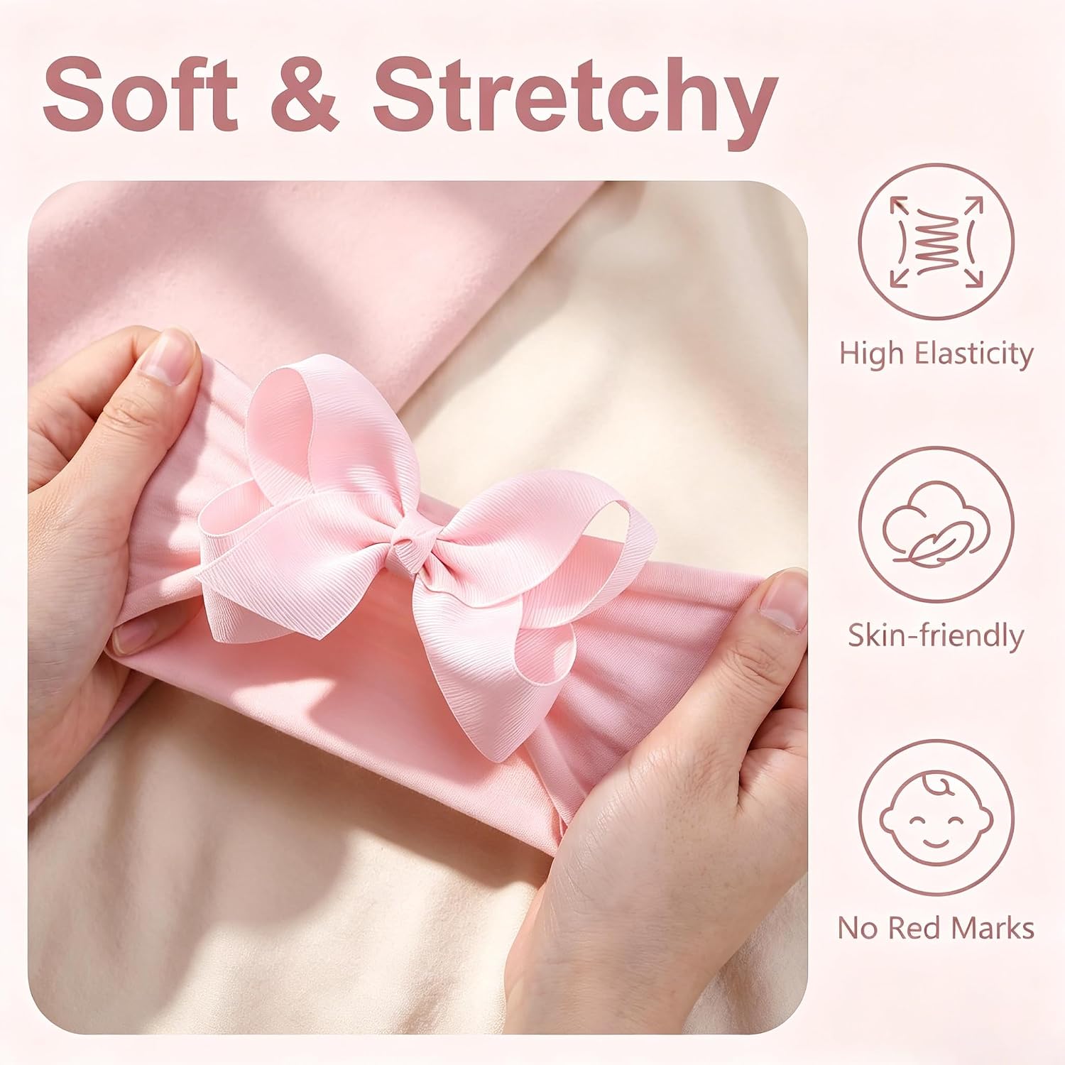 3 Pcs 6 Inch Pink Beige White Baby Girl Headbands With Bows Handmade Boutique Grosgrain Ribbon Baby Headbands Soft Nylon Elastic Headband For Newborns Infants Toddlers (Pink Beige White)